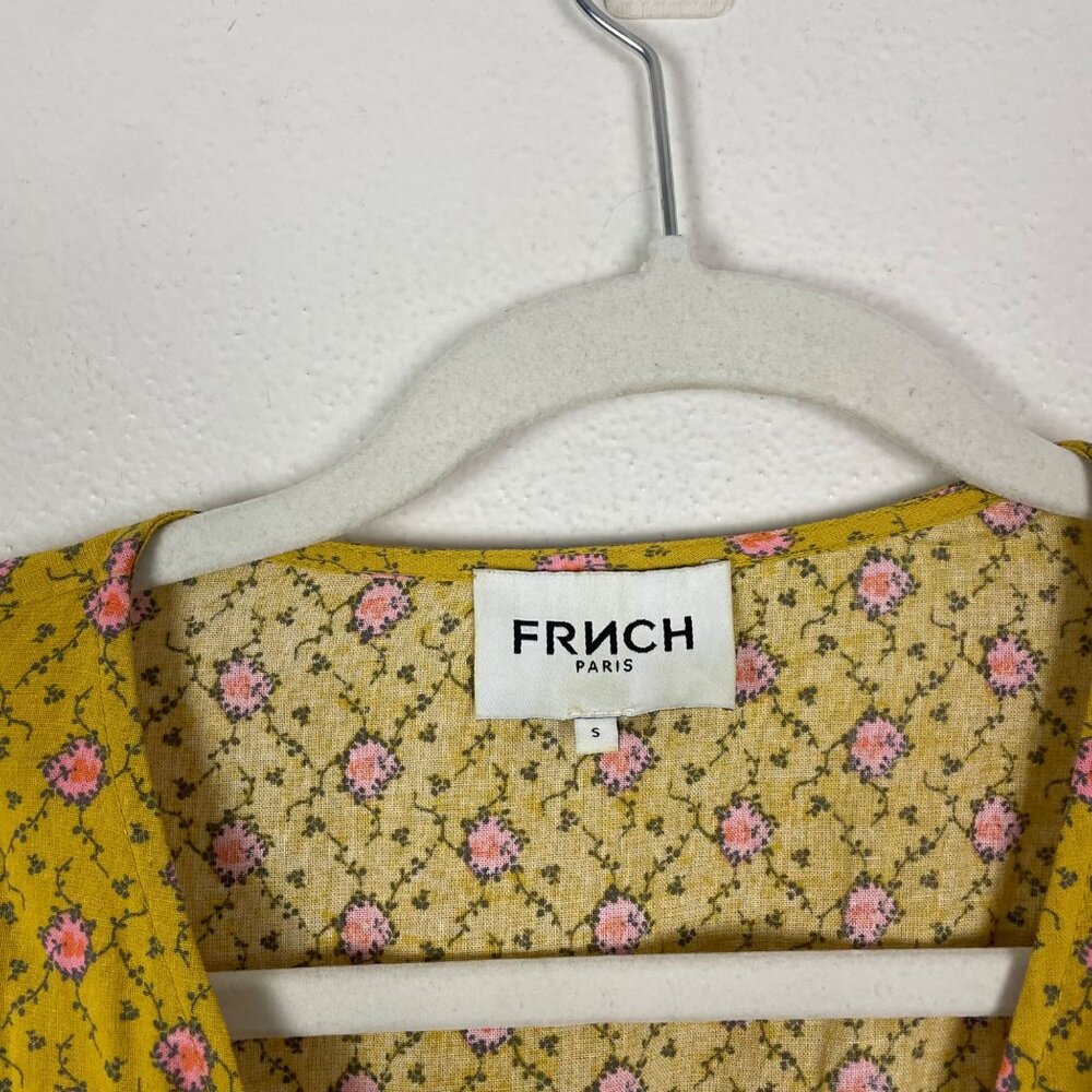 Frnch Paris Yellow Floral Wrap Midi Dress S V-Neck Puff Sleeves Cinch Waist Tie - Picture 5 of 10